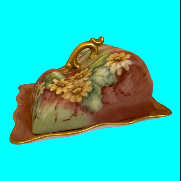 Vtg Butter Dish Cheese Dish 2 Piece Hand Decorated Sun Flowers Ceramic - Picture 4 of 9